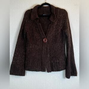 BCBG MAXAZRIA Cardigan Sweater Brown Chunky Knit Bell Sleeves Alpaca Blend Sz L‌